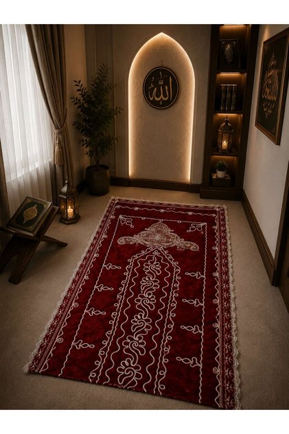 French Laced Embroidered Dowry Velvet Prayer Rug Burgundy