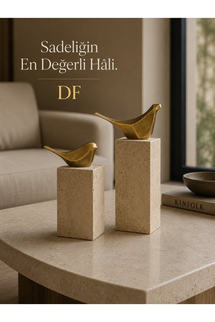 DF Pirinç Kuş Biblo Seti – Doğal Traverten Kaideli Dekoratif Obje | Premium El İşçiliği 2'li Set