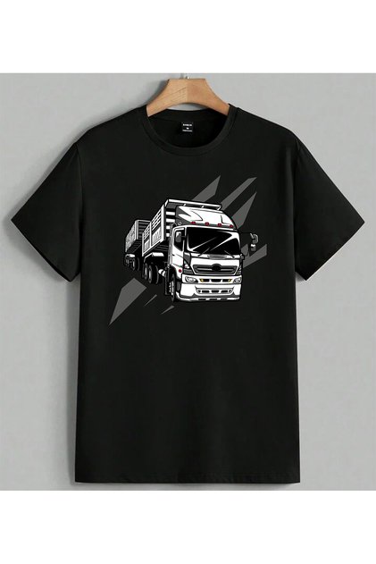Tricou oversize unisex cu imprimeu Camion Transport Vehicul de transport cu remorci, negru
