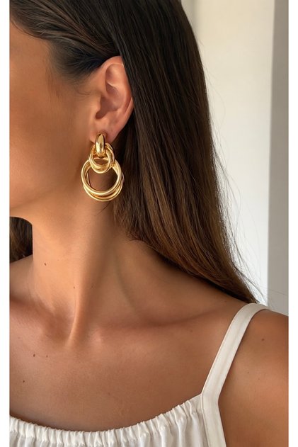 Women's Steel Gold Color Multi-Ring Hanging Earrings | Modern Geometric Design