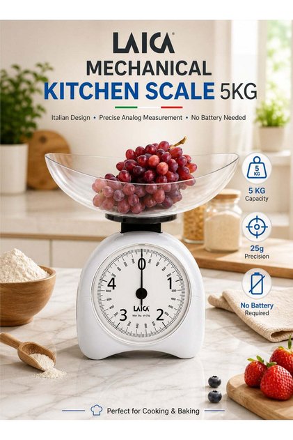 Mechanical Kitchen Scale 5KG Analog Food Weighing Scale with Bowl High Precision 25g Division Manual Weighing Machine No Battery Required Vintage Retro Design Durable ABS Bowl Cooking Baking Por