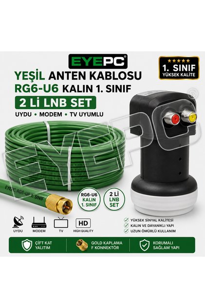 50 METRE YEŞİL ANTEN KABLOSU 2 Lİ LNB SET RG6-U6 KALIN 4K UYDU MODEM TELEVİZYON UYUMLU