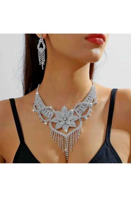 Women's Silver Color Stone-Set Evening Dress Necklace Earrings Set Chinese Engagement Wedding Bridal Invitation Jewelry