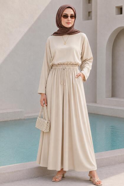 Serra Elastic Waist Skirt and Trousers Modal Double Suit Beige