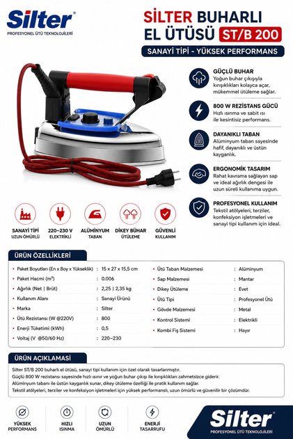 ST/B 200 Buharlı El Ütüsü | Sanayi Tipi Profesyonel Ütü | 800W | Tekstil, Terzi, Konfeksiyon ve Kuru Temizleme İçin