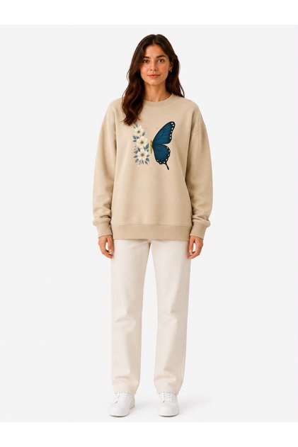Butterfly Print Detailed Embroidered 2 Thread Crew Neck Sweatshirt