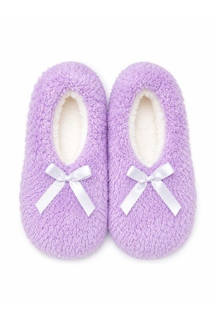 Women's Plush Home Slippers with Fabric Soles, Soft Furry, with Bow, Suitable for Foot Size 26.5 - 27.5