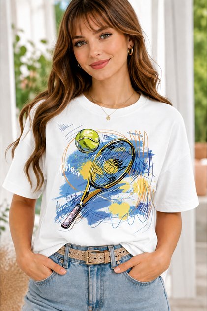 Unisex Oversize Tennis Printed T-Shirt 100% Cotton Tennis Themed Comfortable Fit Short Sleeve T-Shirt