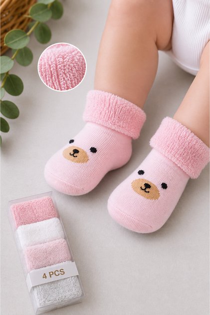 100% Cotton 0-6 Months Baby Towel Socks Set of 4 / Unisex Baby Girl and Boy Boxed Socks