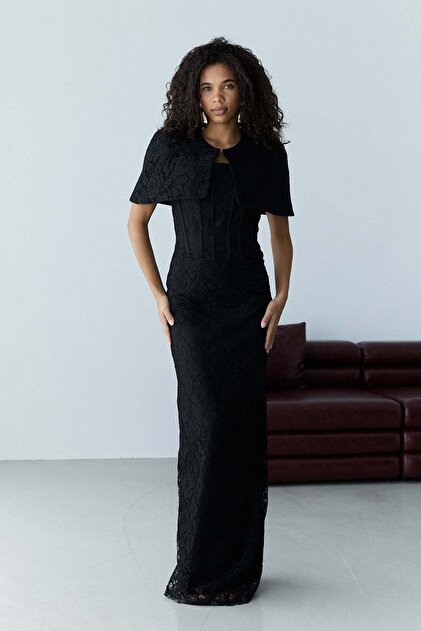Serica Moda Black Bolero Strapless Lace Embroidered Long Evening Dress