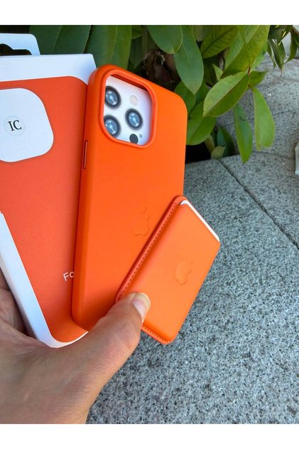 Compatible with iPhone 15 Pro Max Orange Color Leather Animated Card Holder Case with Magsafe Feature and Magsafe Featured Card Holder