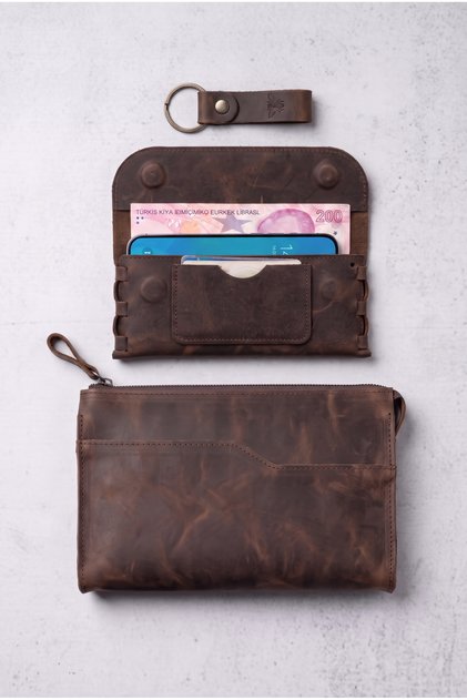 100% Genuine Leather Set: Handbag, Wallet, Keychain Set