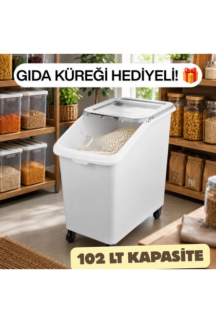 102 Lt. Wheeled Food Cart with Open-Close Lid, Flour, Sugar, and Grain Storage Container
