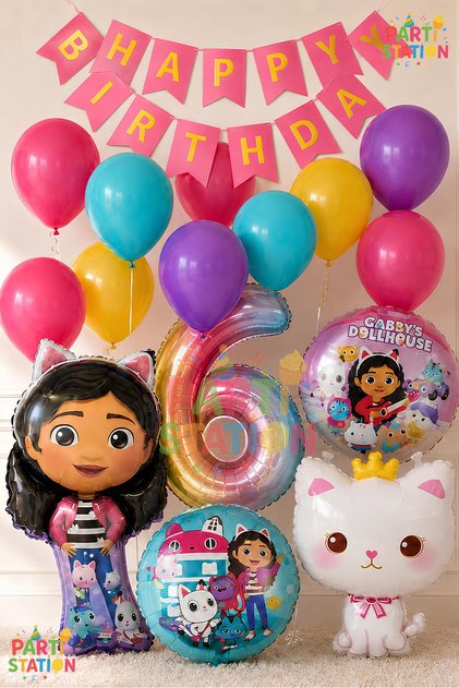 Gabby Dollhouse Balloon Set for 6 Years Old, 14 Piece Birthday Balloon Decoration Set with Happy Birthday Banner