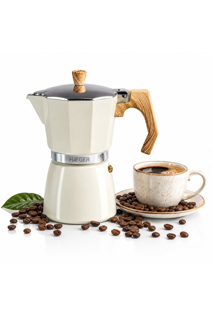 Кафеварка Мока MOKA POT 6, Капацитет 6 чаши, Алуминиев корпус, Съвместима с газови/електрически/керамични котлони, Предпазен клапан, Бежов