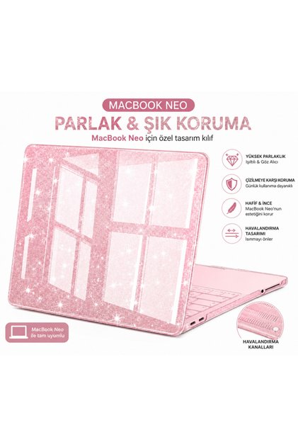Macbook Neo 13inç A18 Pro A3404 Kılıf Simli Ön Arka Kapak