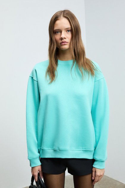 KARIUS Kadın Organik Pamuklu İçi Polarlı Oversize Yuvarlak Yakalı Mavi Sweatshirt