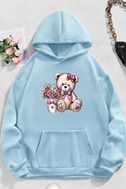 Unisex Cute Teddy Bear Printed Oversize Hooded Sweatshirt