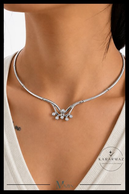 Vip Special Design Zircon Stone Curved Detailed Silver Color Choker Necklace
