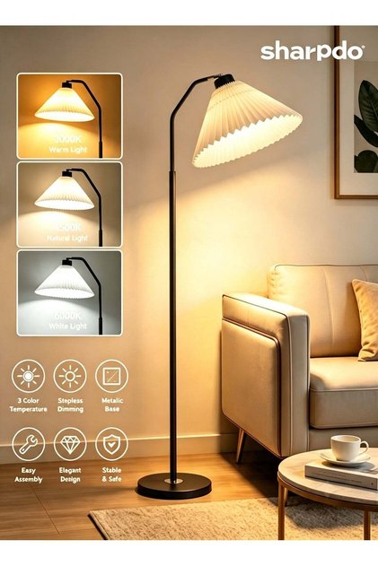 مصباح أرضي LED عصري بثلاثة ألوان قابلة للتعتيم مع غطاء مطوي قابل للتعديل، إضاءة أرضية للقراءة مناسبة لغرفة المعيشة وغرفة النوم 150×39 سم