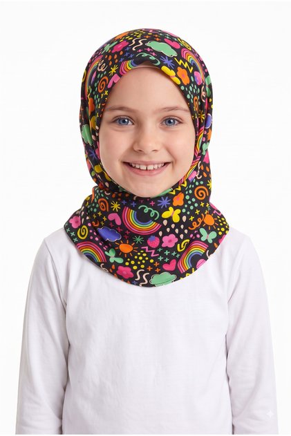 Renkli Desenli 80x80 Kız Çocuğu Kuran Kursu Eşarp
