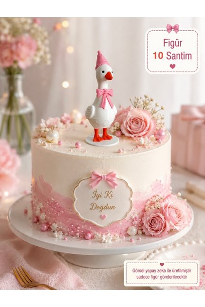Sevimli Pembe Ördek Pasta Süsü Figür 10 cm | Doğum Günü ve Parti Pastası Dekoru | 3D Baskı Dekoratif Pasta Figürü