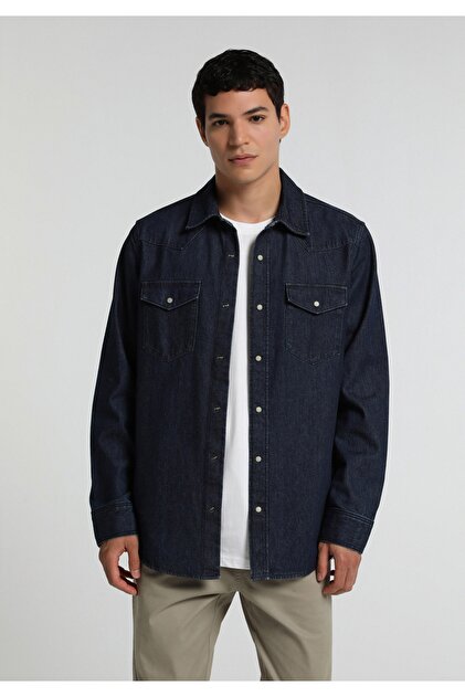 Regular Fit Classic Collar Plain Men's Dark Indigo D Denim Long Sleeve Shirt