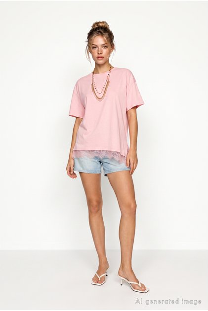 Lace Detailed Oversize Knitted T-Shirt Lub0377 Sugar Pink