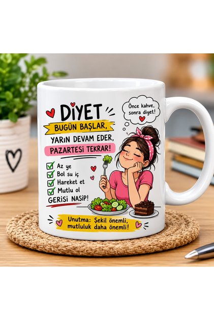 Diyet Temalı Porselen Kupa Bardak Bulaşık Makinesinde Yıkanabilir