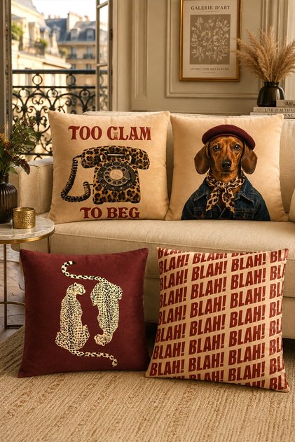 Popart Dog and Leopard Patterned 4-Piece Throw Pillow Cover Set