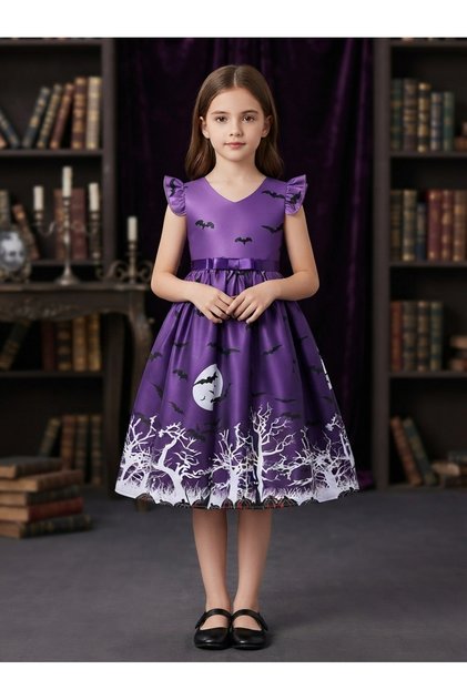 Girls Halloween Printed Costume Dress – Purple Witch Princess Party Dress