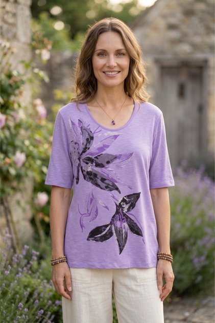 Women's Plus Size Stretch Fabric Crew Neck Leaf Printed Stone Short Sleeve Mom T-Shirt Combed Cotton Blouse