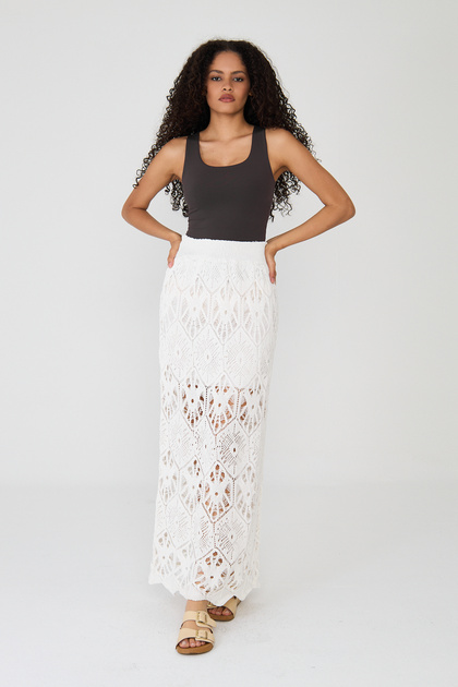 Women's Ecru Color Patterned Knitted Openwork Knitwear Skirt
