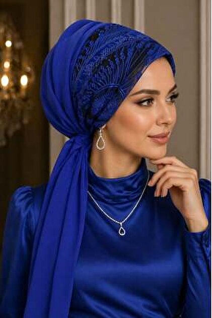 Aişe Tesettür Mavi Siyah Flok Baskılı Tül Abiye Tokalı Bone