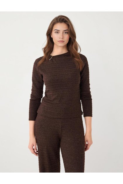 Coffee Melange Round Neck Long Sleeve Blouse with Metal Detail