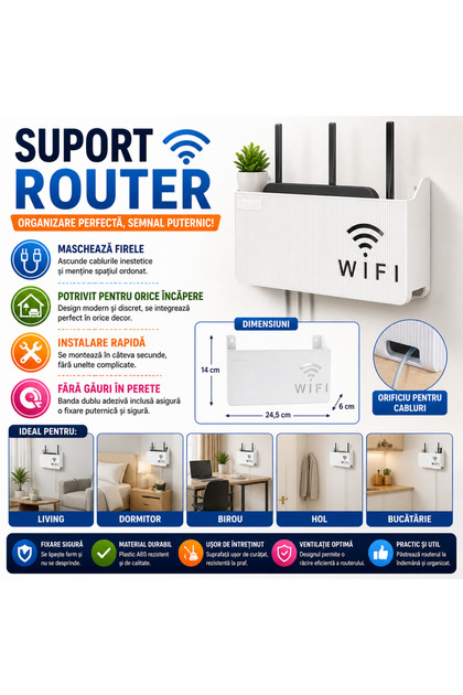 Raft suport router wireless 245x140x60 mm, pentru ascunderea cablurilor și echipamente Wi-Fi, montare pe perete