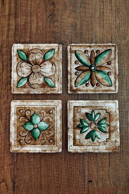 Natural Stone Coasters Indian Patterns Printed Set of 4