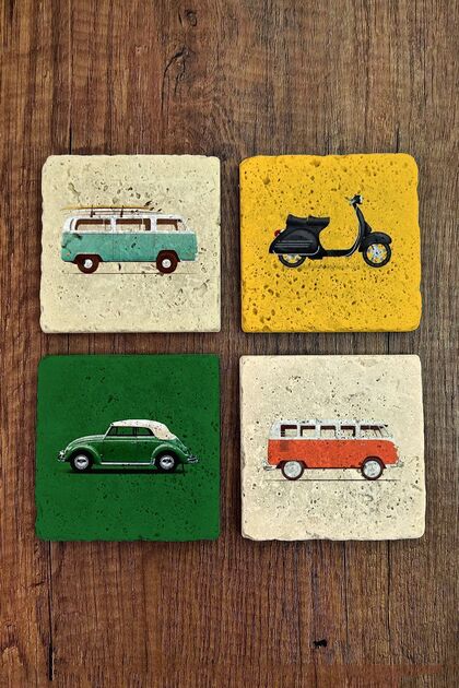 Natural Stone Coasters Set of 4 10x10x1 cm car and motor printed-Stone Coasters