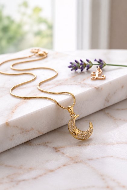 316L Steel Gold Zircon Stone Moon and Star Figured Non-Tarnish Women's Necklace - Anti-Allergic