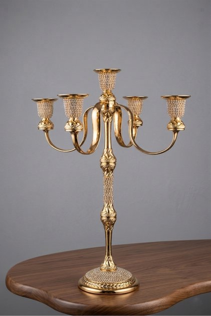Beş Kollu Taşlı Gold Şamdan Mumluk