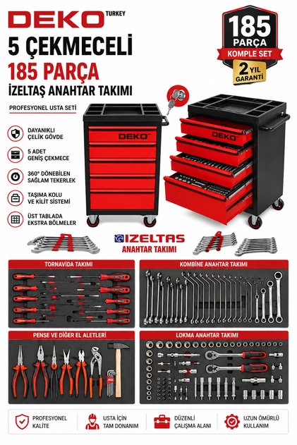 XL TREND İZELTAŞ SERİ 5 Çekmeceli İçi Dolu 185 PARÇA Full Set Alet Dolabı Atölye Usta Takım Arabası