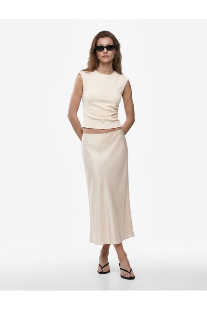 Crepe Scuba Fabric Slim Fit Crew Neck Sleeveless Blouse with Drape Detail