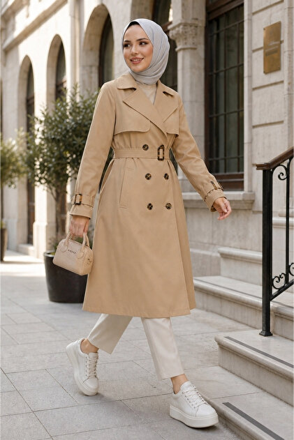 Women's Mink Double-Breasted Hijab Trench Coat with Belt, Water-Repellent Long Overcoat