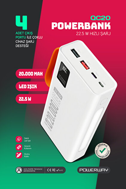 NaptimeFW22アイボリー Powerway 20.000 Mah Pd 22.5w Kablolu 3.0 Hızlı Şarj Gerçek 20.000