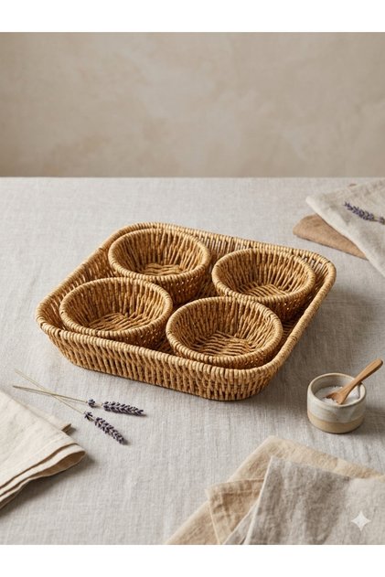 Rattan Snack Bowl Wicker Presentation Set with 4 Trays