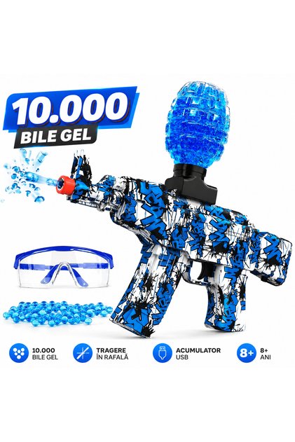 Pusca electrica automata AK-47 set cu 10.000 bile gel, ochelari de protectie, albastru, 31x7x28cm