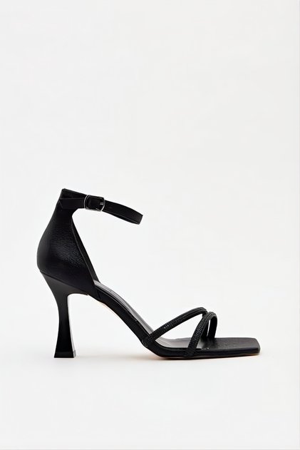 Women's Two-Strap Stone Detailed Blunt Toe Thin Heeled Evening Dress Shoes Black
