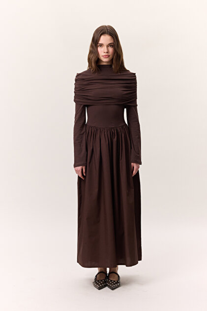 manuka brown dress Draped Long Sleeve Dress Brown
