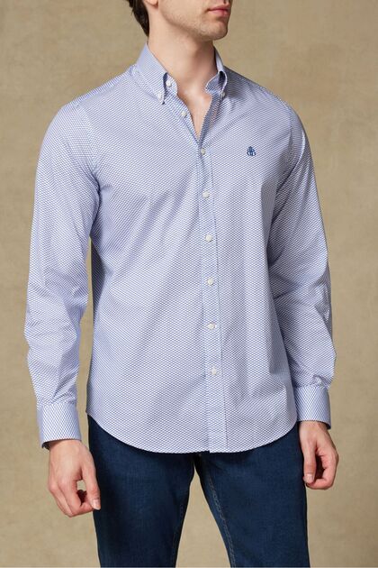 Luca Poplin Stretch Cotton Blend Comfort Fit Purple Button down Collar Men's Printed Shirt