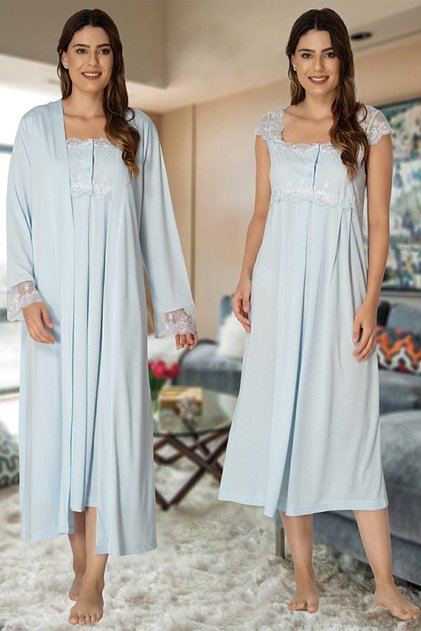 Zerre Baby Blue Maternity Nightgown with Dressing Gown 2302